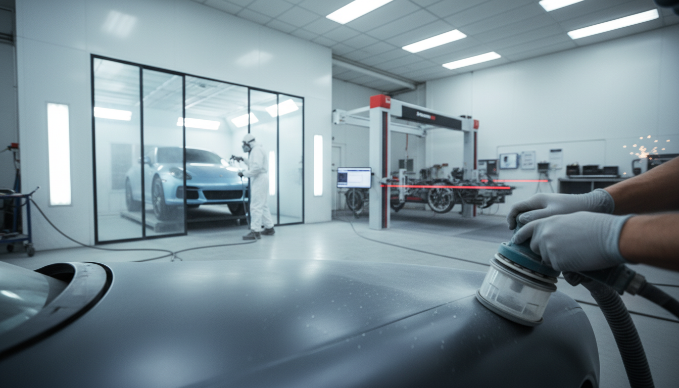 Technician performing auto body repair work in modern facility